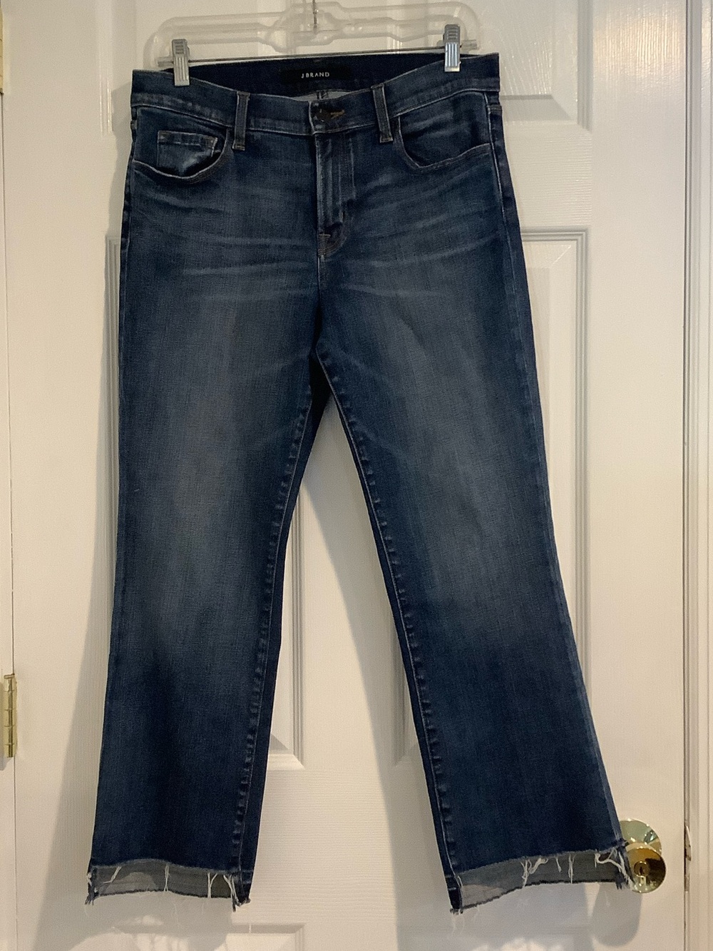 J BRAND Uneven Frayed Hem Dark Wash Straight Leg Stretch Mid Rise Cropped 30
